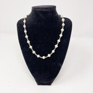 Faux Pearl and Silver with Black Gemstone Necklace Fashion Dainty Costume